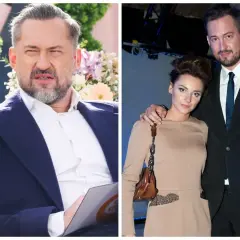 Marcin Prokop z żoną, Katarzyną, na dwóch zdjęciach. On w garniturze, ona w beżowej sukience.