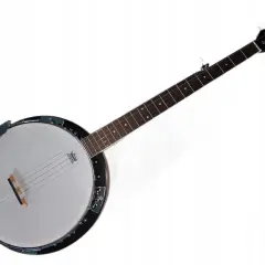 Banjo z jasną membraną i ciemną szyjką na białym tle.