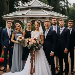 Agnieszka Gołaś wyszła za mąż! Para młoda z drużbami i druhnami pozuje do zdjęcia na tle altany.