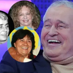 Jan Nowicki z uśmiechem na twarzy, obok niego zdjęcia jego dzieci z różnych etapów życia.