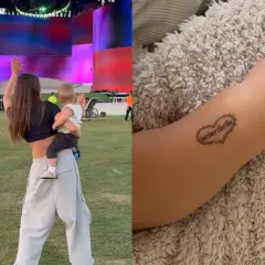 Dziecko z tatuażem "Bieberchella" na ręce, obok kobieta z dzieckiem na koncercie.