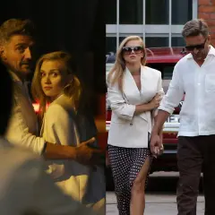 Kaczorowska z partnerem, widać ich w dwóch ujęciach, raz w objęciach, raz idących obok siebie.