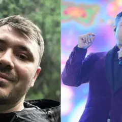 Dwa ujęcia: z lewej mężczyzna w kurtce na tle zieleni, z prawej Zenek Martyniuk w fioletowym garniturze śpiewa do mikrofonu.