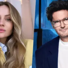 Kuba Wojewódzki i jego partnerka, Anna Mucha, w zestawieniu. Ona w żółtej kurtce, on w granatowej marynarce.