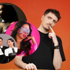 Kolaż zdjęć z Eurowizji pierwszy półfinał: artystka w błyszczącej kreacji, wokalistka w różowej stylizacji z ozdobą na oczach i trio w eleganckich strojach.