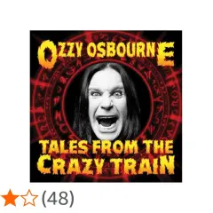 Ozzy Osbourne z otwartymi ustami na tle czerwonego okręgu z symbolami i napisem "Tales from the Crazy Train".