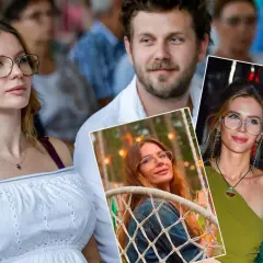 Królikowski z nową partnerką, uśmiechnięci i w okularach. W tle widać fragmenty innych zdjęć.