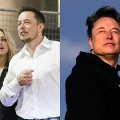 Amber Heard i Elon Musk razem, a obok Elon Musk w bluzie z napisem "SPACE".