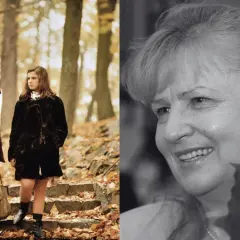 Stanisława Celińska z mężem w jesiennym parku. Uśmiechnięta aktorka na drugim planie.