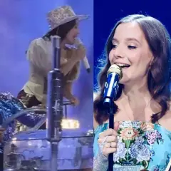 Sanah z mężem na scenie, ona śpiewa, on gra na instrumencie.