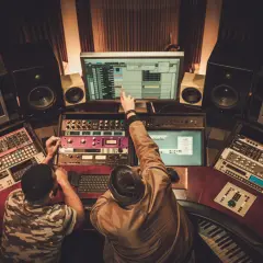 Dwóch producentów muzycznych w Polsce pracuje nad nowym hitem w studio nagraniowym, otoczeni sprzętem i monitorami.