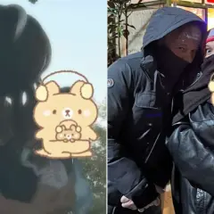Millie Bobby Brown jako dziecko, przytulona do bliskiej osoby. Na drugim zdjęciu Millie Bobby Brown z partnerem, zakryci, ale widać ich uśmiechy.