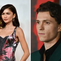 Zendaya w eleganckiej sukni i Tom Holland w zielonym garniturze, para znana z filmów o Spider-Manie.