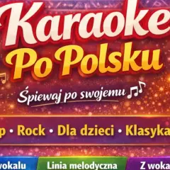 Mikrofon na scenie z reflektorami. Napis "Karaoke Po Polsku" zaprasza do śpiewania. Znajdziesz tu łatwe piosenki na karaoke polskie, od popu po klasykę.