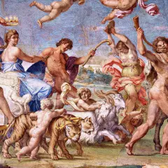 Triumf Bachusa w mitologii greckiej. Postacie z mitologii greckiej, w tym Bachus, w orszaku z tygrysem i kozłem.