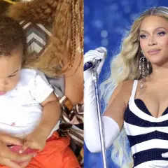 Mały sir Carter w białej koszulce i pomarańczowych spodenkach, obok Beyoncé w błyszczącej sukience.