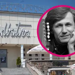 Portret mężczyzny z gitarą na tle napisu "Albatros". Może to wspomnienie o siedmiu dziewczętach z Albatrosa?