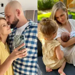 Agnieszka Kaczorowska z mężem i dwójką dzieci. Na jednym zdjęciu czułe chwile z partnerem, na drugim karmi piersią noworodka, podczas gdy starsza córka patrzy z zaciekawieniem.