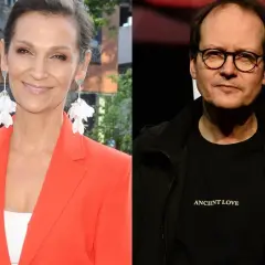Olga Bończyk z mężem, uśmiechnięta aktorka w pomarańczowej marynarce i mężczyzna w okularach z napisem "Ancient Love".
