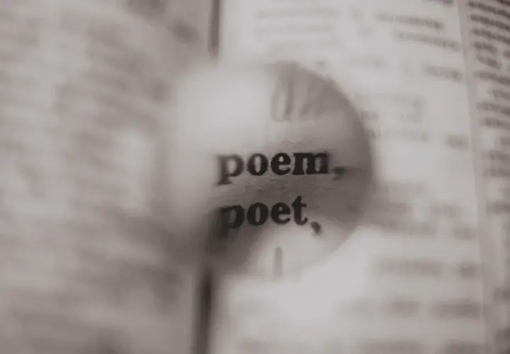 Zbliżenie na słowa "poem" i "poet" w książce pod lupą.
