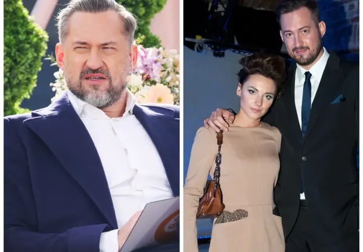 Marcin Prokop z żoną, Katarzyną, na dwóch zdjęciach. On w garniturze, ona w beżowej sukience.