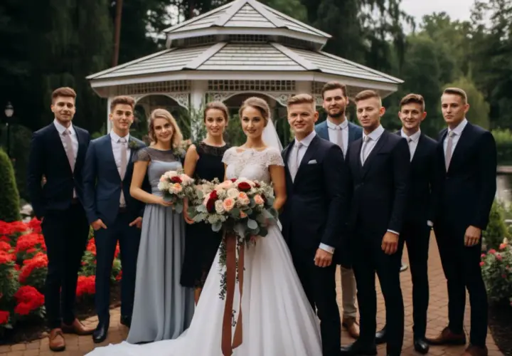 Agnieszka Gołaś wyszła za mąż! Para młoda z drużbami i druhnami pozuje do zdjęcia na tle altany.