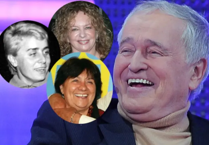 Jan Nowicki z uśmiechem na twarzy, obok niego zdjęcia jego dzieci z różnych etapów życia.