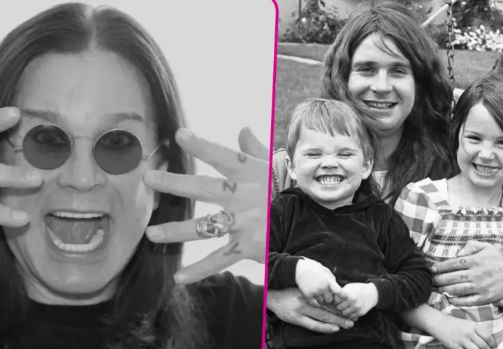 Ozzy Osbourne z dzieciństwa i jako starszy pan. Wesołe ozzy osbourne dzieci na starym zdjęciu.