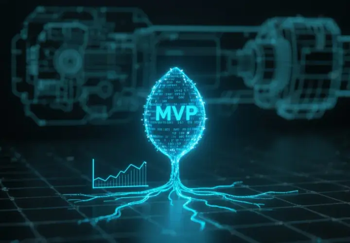 Niebieska, cyfrowa grafika przedstawiająca drzewo z liściem z napisem "MVP" i wykres.