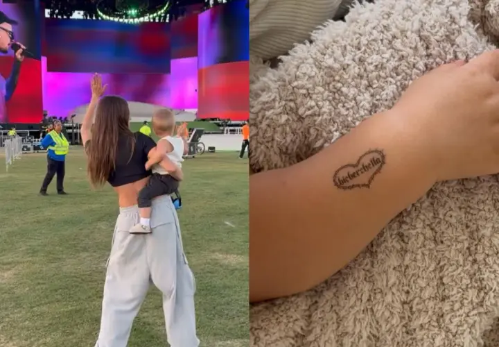 Dziecko z tatuażem "Bieberchella" na ręce, obok kobieta z dzieckiem na koncercie.