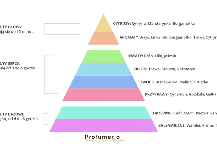 Piramide zapachowa perfum: nuty głowy (cytrusy), serca (kwiaty, w tym **zapach róży akordy**) i bazy (drzewne, balsamiczne).