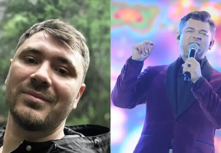 Dwa ujęcia: z lewej mężczyzna w kurtce na tle zieleni, z prawej Zenek Martyniuk w fioletowym garniturze śpiewa do mikrofonu.