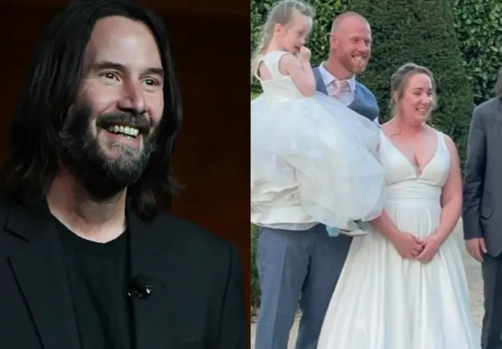 Keanu Reeves na ślubie, obok panny młodej i pana młodego z dzieckiem. Aktor wygląda na szczęśliwego, jakby poznał swoją przyszłą żonę.