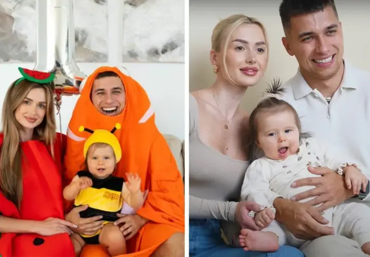 Rodzina z dzieckiem. Maja Wiśniewska w stroju pszczółki, rodzice w kostiumach.