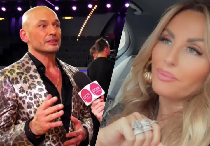 Tomasz z żoną, w panterkowej marynarce, udziela wywiadu. Obok jego żona, z biżuterią.