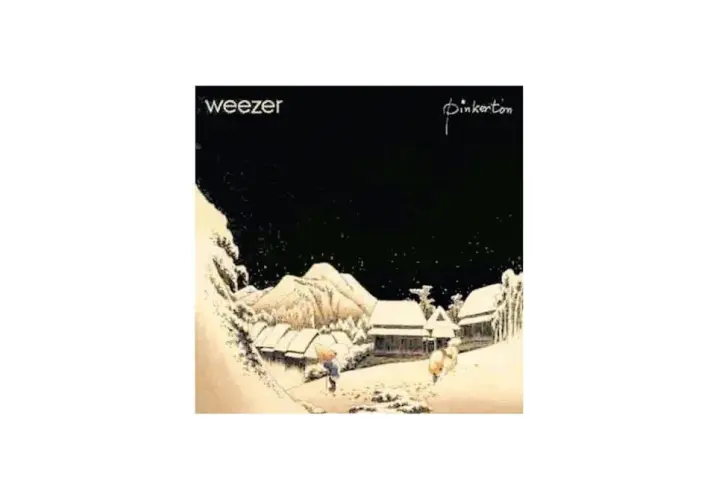 Okładka albumu Weezer "Pinkerton" przedstawia zimowy krajobraz z zasypanymi śniegiem domkami i dwiema postaciami.