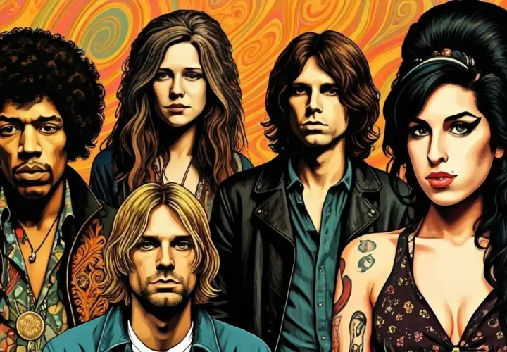 Ikony muzyki, które zmarły w wieku 27 lat, tworzą legendarny club 27. Jimi Hendrix, Janis Joplin, Jim Morrison, Kurt Cobain i Amy Winehouse w psychodelicznym stylu.