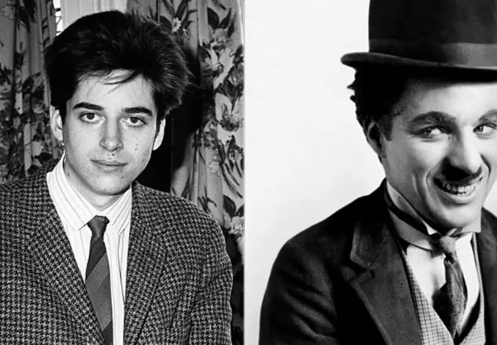 Dwa portrety: młody mężczyzna w tweedowej marynarce i Charlie Chaplin w cylindrze. Podobieństwo sugeruje, że to może być jeden z dzieci Charliego Chaplina.