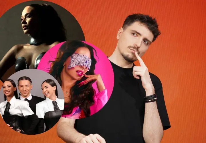 Kolaż zdjęć z Eurowizji pierwszy półfinał: artystka w błyszczącej kreacji, wokalistka w różowej stylizacji z ozdobą na oczach i trio w eleganckich strojach.