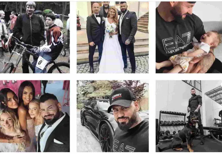 Wojtek Gola na zdjęciach: z rowerem, na ślubie, z dzieckiem, z kobietami, przy aucie, z psem. Jego wzrost jest imponujący.