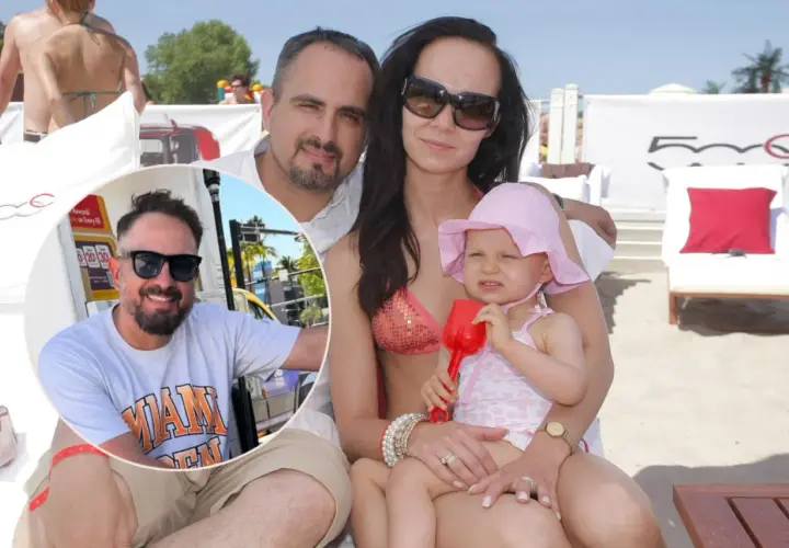Agustin Egurrola z żoną i córką na plaży. W okręgu uśmiechnięty Agustin w okularach przeciwsłonecznych.