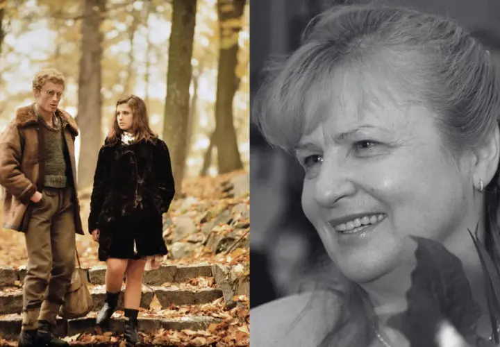 Stanisława Celińska z mężem w jesiennym parku. Uśmiechnięta aktorka na drugim planie.