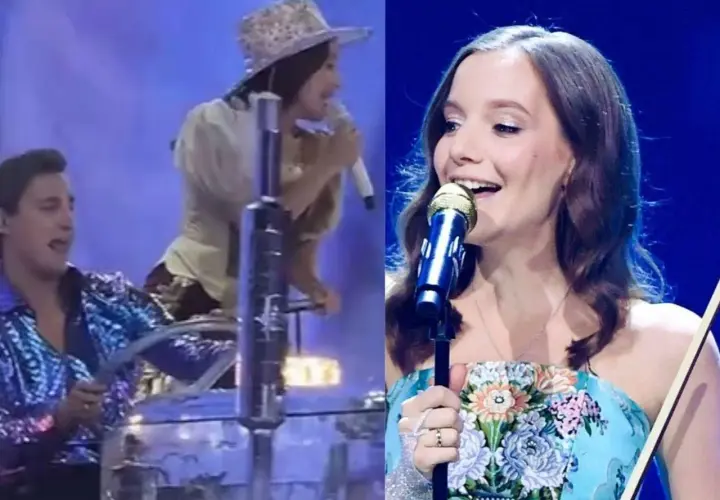 Sanah z mężem na scenie, ona śpiewa, on gra na instrumencie.