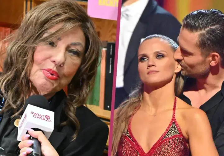 Agnieszka Fitkau-Perepeczko udziela wywiadu, obok para tancerzy w romantycznym uścisku.