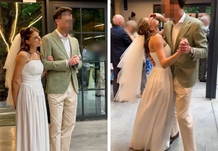 Marta Wierzbicka i jej mąż tańczą na weselu. Ona w białej sukni, on w zielonej marynarce.
