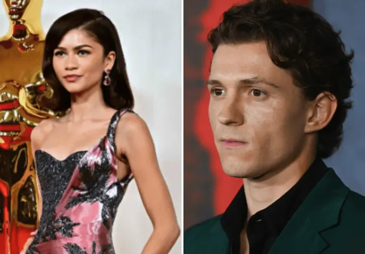 Zendaya w eleganckiej sukni i Tom Holland w zielonym garniturze, para znana z filmów o Spider-Manie.