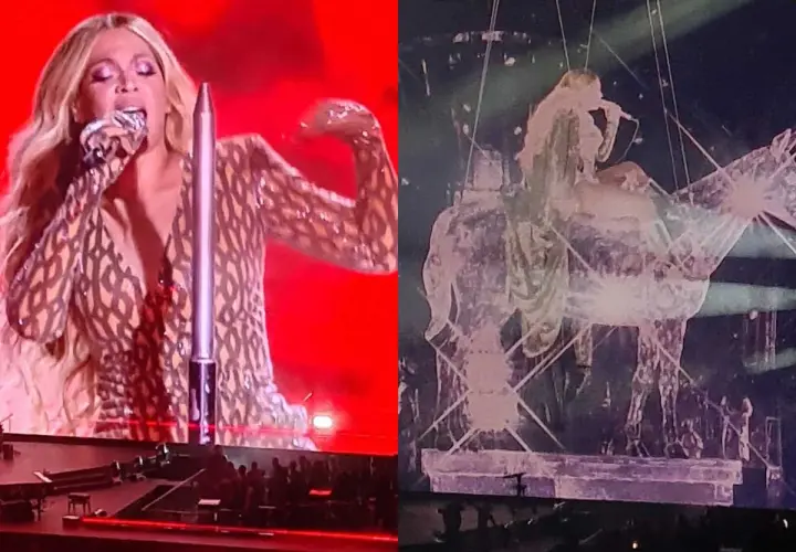 Beyoncé w błyszczącym stroju śpiewa na scenie, a obok niej widać jej sylwetkę na tle scenografii w kształcie konia. Niezapomniany koncert!