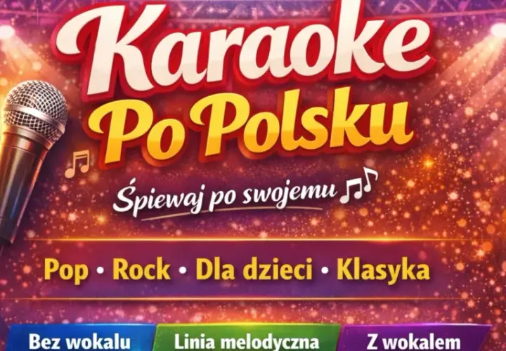 Mikrofon na scenie z reflektorami. Napis "Karaoke Po Polsku" zaprasza do śpiewania. Znajdziesz tu łatwe piosenki na karaoke polskie, od popu po klasykę.