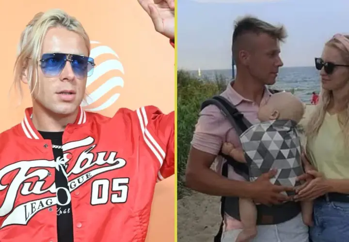Czy Skolim ma dzieci? Na zdjęciu widzimy artystę w czerwonej kurtce i obok niego rodzinę z dzieckiem na plaży.