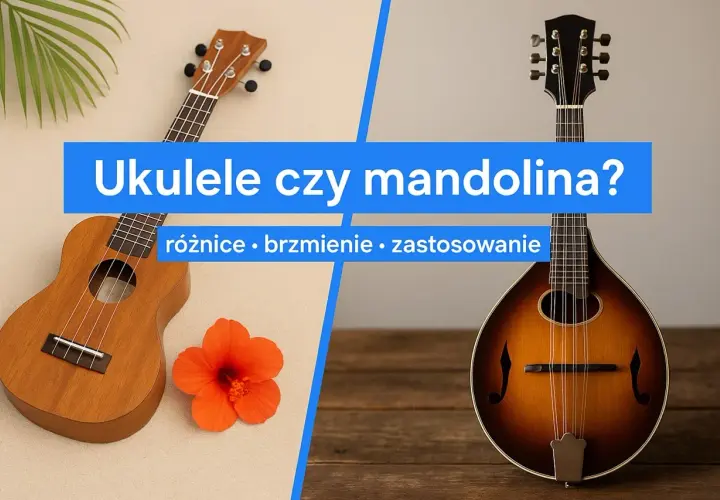 Ukulele i mandolina, instrumenty strunowe podobne do lutni, obok siebie.
